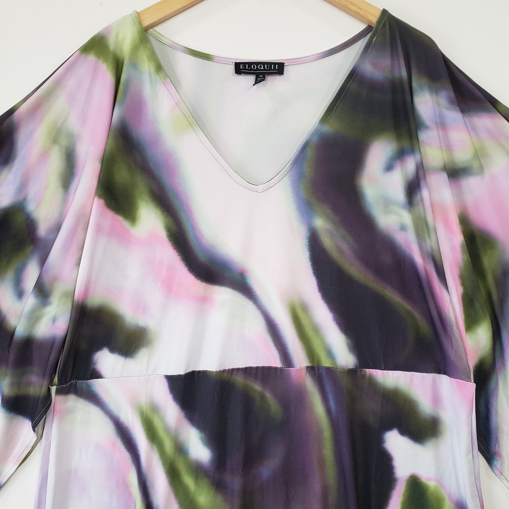 Eloquii Watercolor Marble‎ V Neck Dress Womens Size 20 Pink Green Kimono Sleeve - Picture 2 of 10